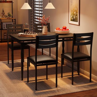 Space-Saving 5 Piece Industrial Dining Table Set for 4 – Rectangular Kitchen Table & 4 Chairs, Sturdy Metal Frame, Soft Cushions, Perfect for Apartmen