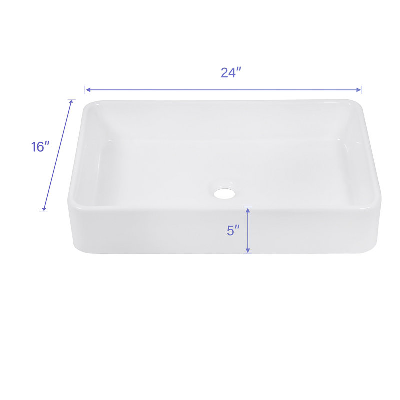24"X16" White Ceramic Rectangular Vessel Bathroom Sink