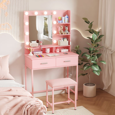 Vanity With Mirror And Lights, Adjustable Colour/brightness, White Makeup Desk With 2 Drawers And Stool For Bedroom, Bathroom, Makeup Room
