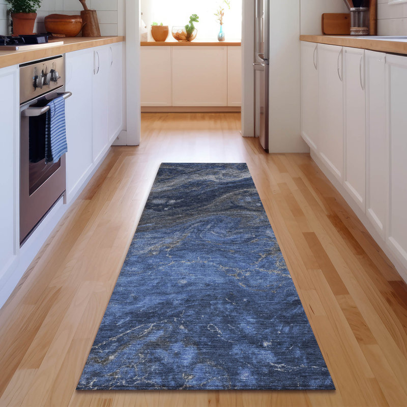 Tapis bleu Cerrito AMF599 lavable à la machine de qualité supérieure, Tapis de couloir 2 pi 3 po x 7 pi 6 po