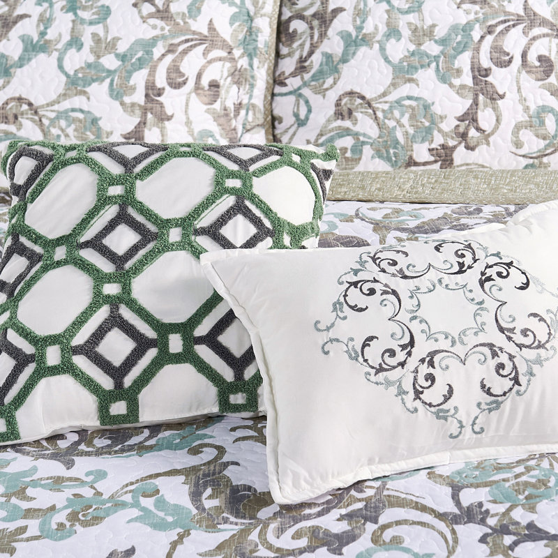 6 Piece Ravello Scroll Printed Microfiber Quilt Set, Queen Coverlet + 5 Additional Pieces