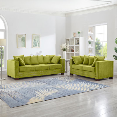 Velours moderne 2 + 3 places rembourré avec accoudoirs carrés, décoration clous argentés, ressorts ensachés, housses de rangement et lavables + style, 5 sièges, accoudoirs, coussins, amovible