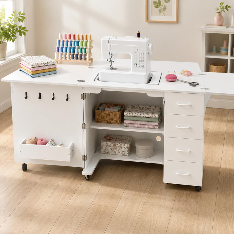 Tiroirs de table de couture pliables, armoire à roulettes sur roulettes verrouillables et système de levage hydraulique