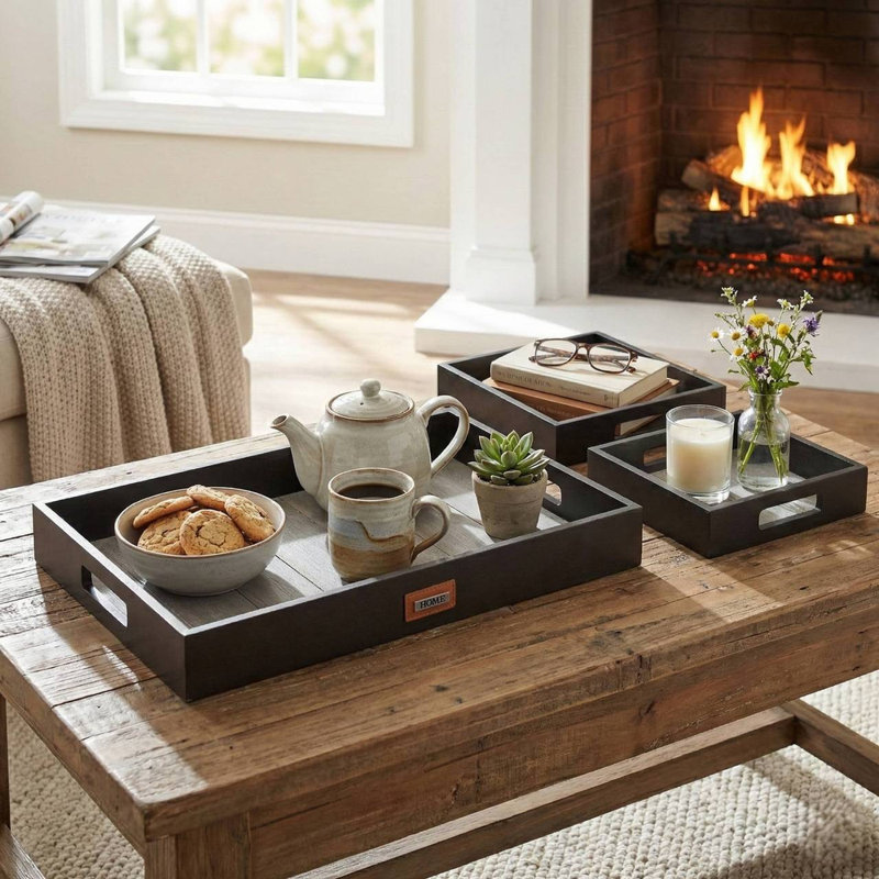 Wood Tray - Set of 3, Black