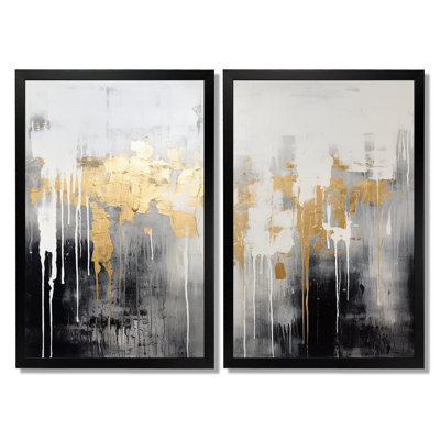 Dripping or blanc gris noir or - abstrait, art abstrait doré 2 panneaux