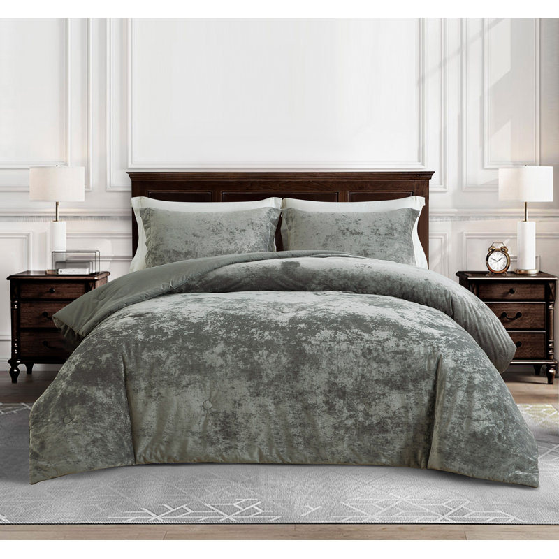Lux Distressed Velvet Reversible Comforter Set, Queen Comforter + 2 Standard Shams, Medium Gray