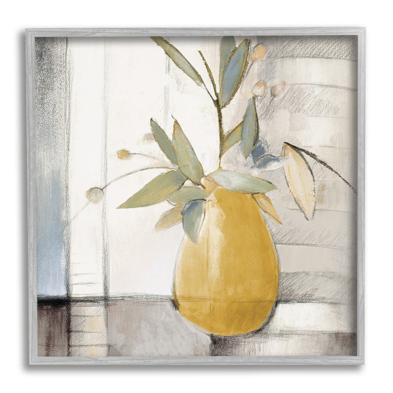Abstrait plante pittoresque en pot feuilles vertes mur gris, H 17 po x l 17 po, Estampe numérique Farmhouse