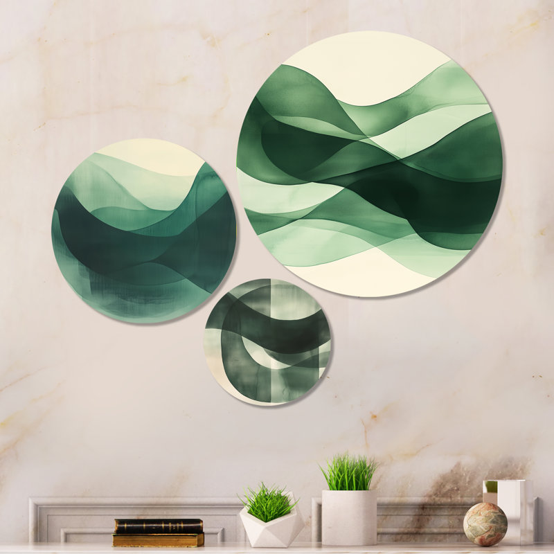 Vert et beige Minimal Curves - Formes abstraites, ensemble de 3 impressions murales en métal