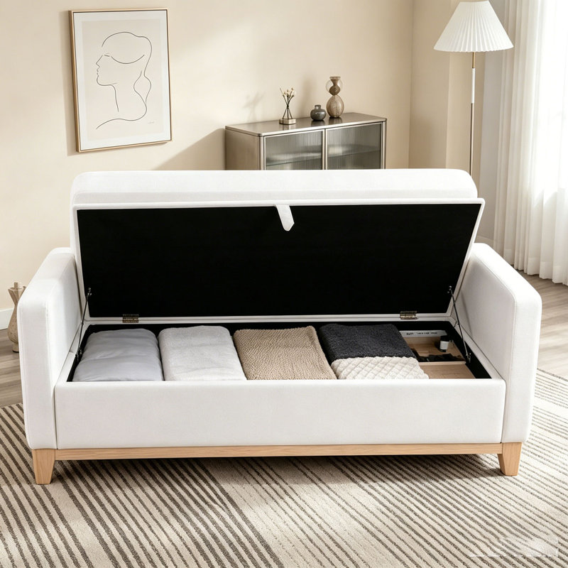 Banc rembourré en bois massif, 66,34 pouces, Beige + naturel