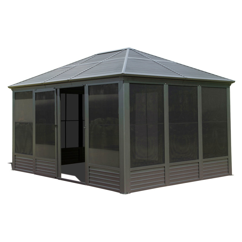 11.2X14.6Ft Sunroom, Four Season Solarium Aluminum Hardtop Gazebo With Galvanized Steel Roof, Movable Pvc Screen Walls, Sliding Doors, Sun Room Pavilion Gazebo For Patio Deck Backyard, Gray
