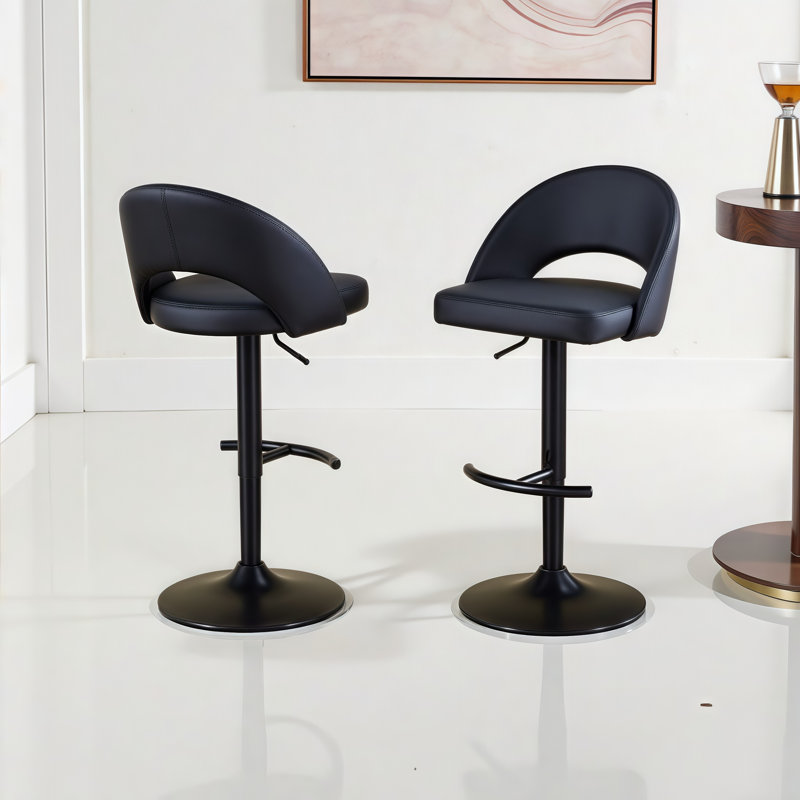 Ensemble de 2 tabourets pivotants contemporains avec hauteur réglable et repose-pieds en T, Noir, Noir