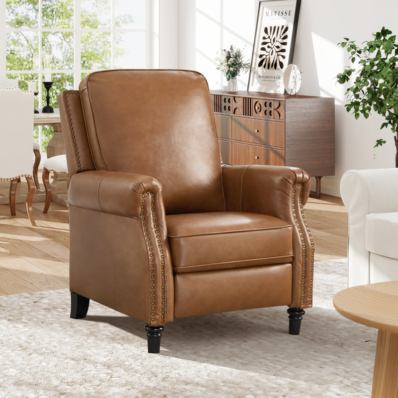 32.7'' Wide Classic and Comfort Top Genuine Leather Push Back Recliner with Nailhead Trim, Turmeric Brown