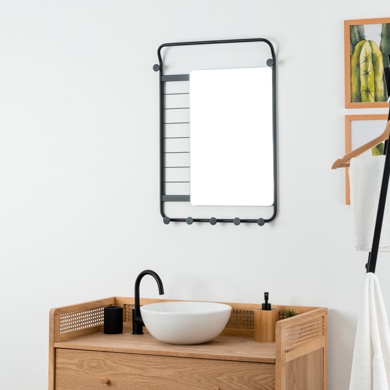 Furness Flat Vanity Mirror with Hooks, Black