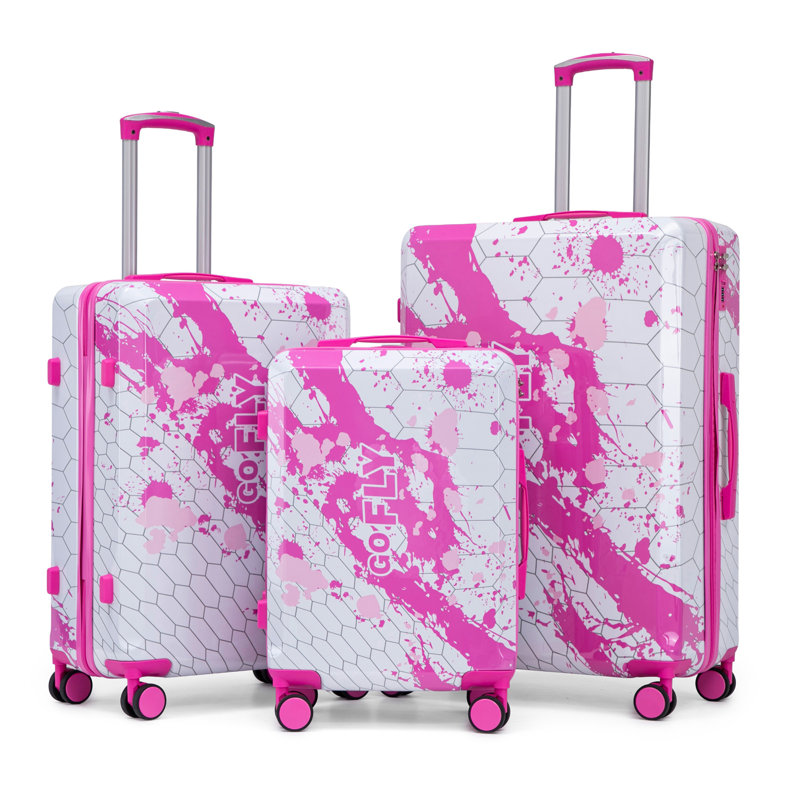 20 "/ 24" / 28 "3 pièces / ensemble dans une valise à roulettes pour PC, valise de transport, avec motif imprimé et serrure à combinaison (rose)