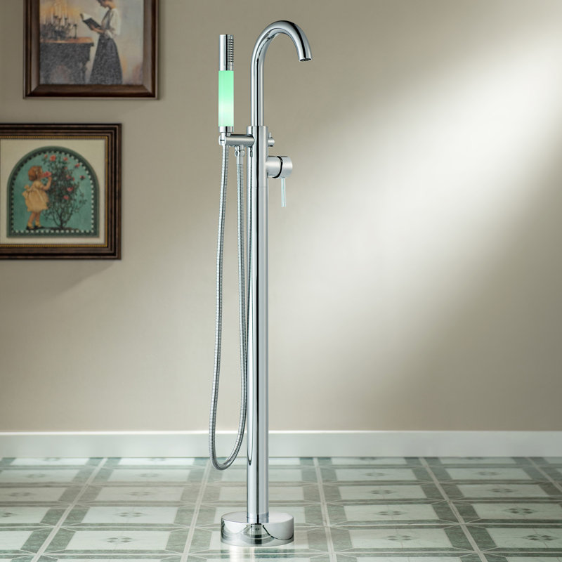 WOODBRIDGE Contemporary Single Handle Floor Mount Freestanding Tub Filler Faucet With Integrated LED Color-Changing Spray Head