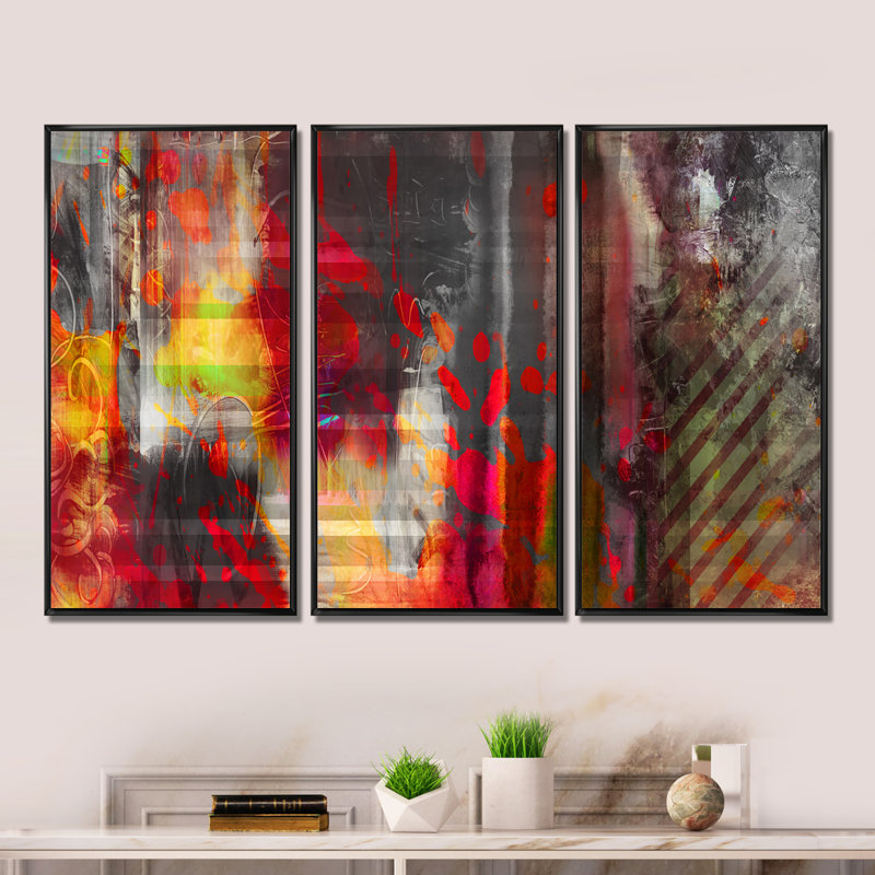«Red Decorative Design», ensemble de 3 toiles abstraites encadrées, Noir, H 28 po x l 36 po