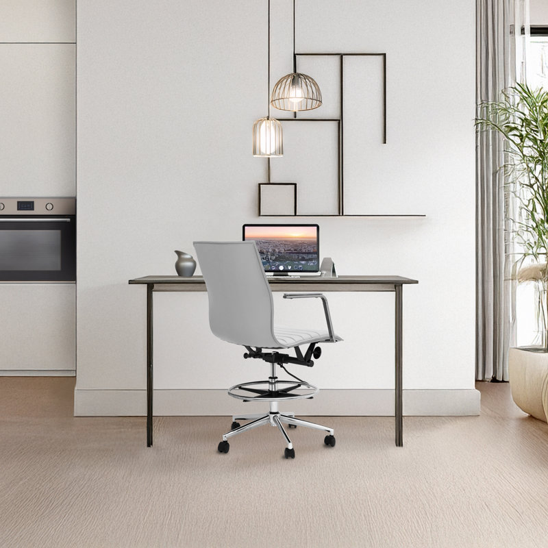 Modern Drafting Chair | Upholstered PU Leather Ribbed Mid Back with Tall Adjustable Base & Leg Rest | Tilt Lock, Swivel | Computer Armchair for Home, Executive, Conference, Meetings