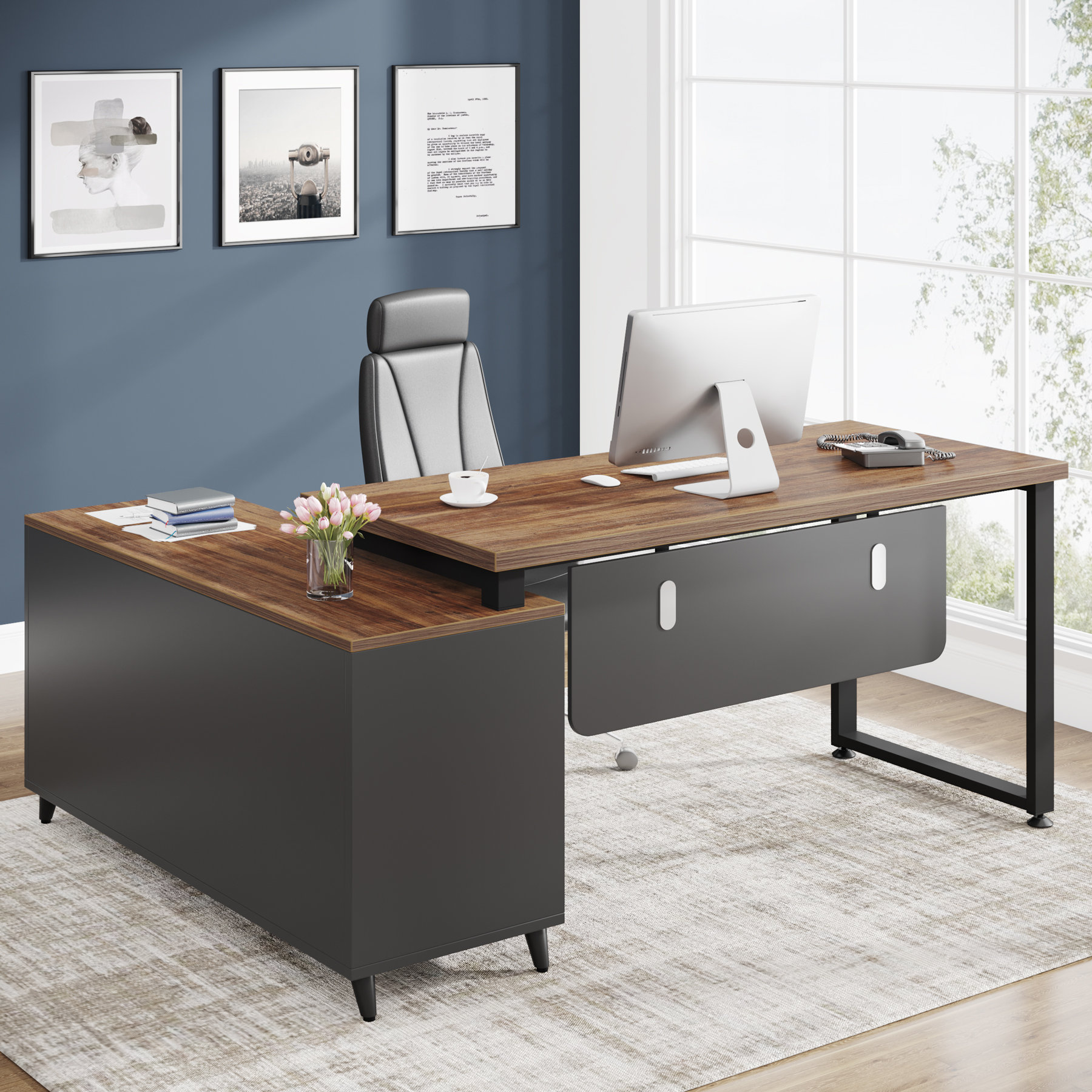 17 Stories Rhyli L-Shaped Metal Base Executive Desk | Wayfair