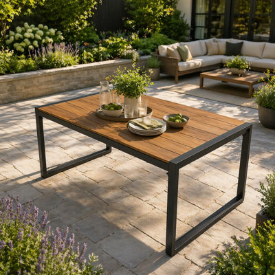 Table de patio en acier pour l'extérieur, tables de patio toutes saisons pour l'extérieur avec plateau en simili bois PS, table basse rectangulaire moderne pour porche, balcon, terrasse, cour