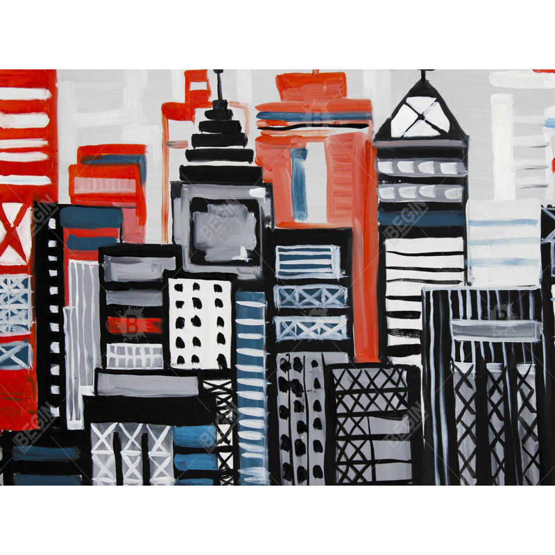 Geometric Urban Landscape - Modern Blue Framed Canvas Art