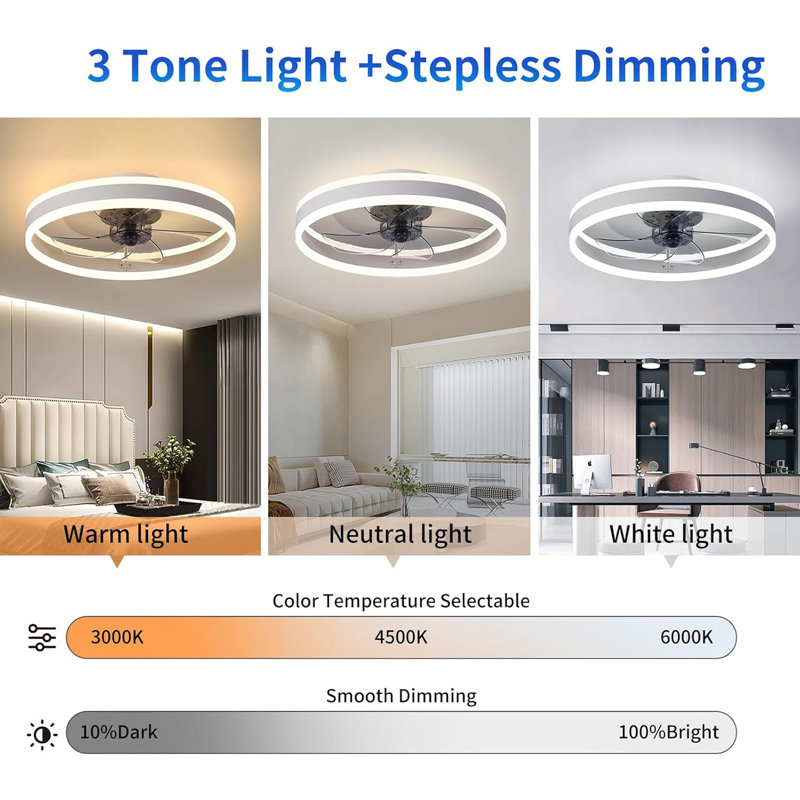 Ceiling Fans With Lights And Remote - Dimmable LED (3000-6000K), 20In Modern Flush Mount Bladeless Fandelier, Low Profile Ceiling Fan Light Easy Installation For Bedroom, Kitchen, Living Room 