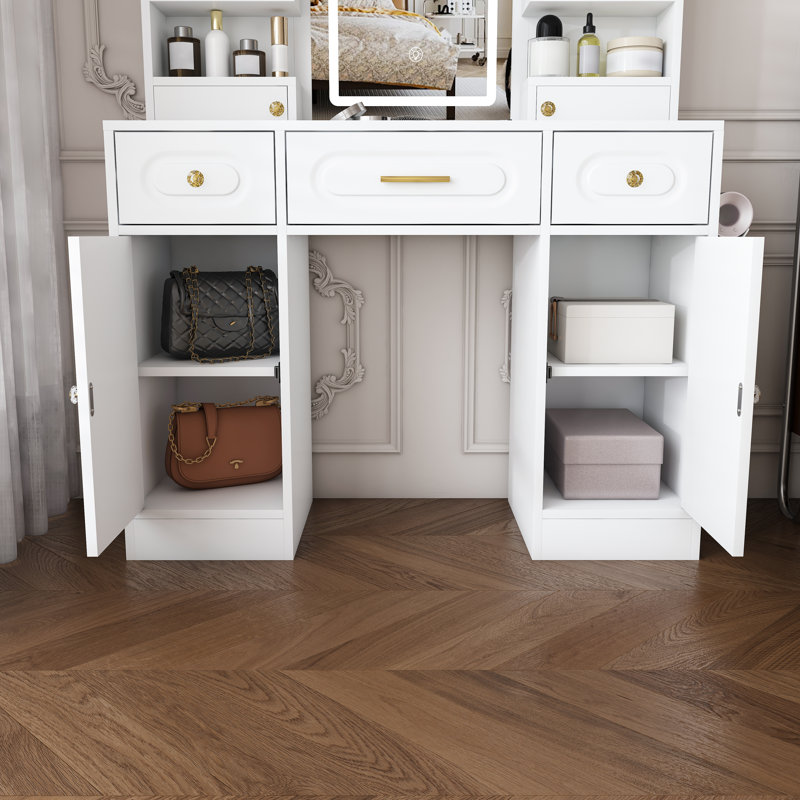 Grande coiffeuse avec miroir, 6 tiroirs et tablettes
