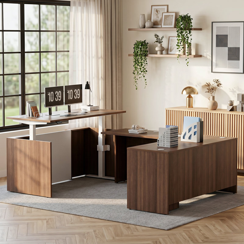 Nishad Adjustable Height Executive Standing Desk Pedestal, Walnut, U-Shape with 3 Drawers
