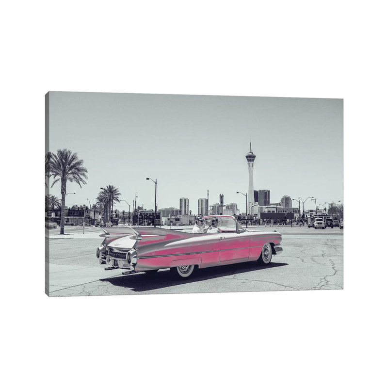 " Retro Pink Car B And W " by Pixy Paper, 18" H x 26" W x 1.5" D