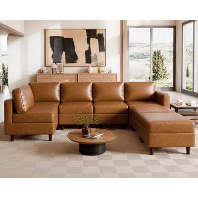 Caynemore 7-Piece 118.5'' Reversible Modern L-Shape Sectional Sofa With Storage Seat- Faux Leather-Brown