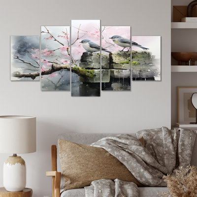  «Gray and Pink Spring Songbirds Blooms - Landscape Modern Multipanel Wall Art, ensemble