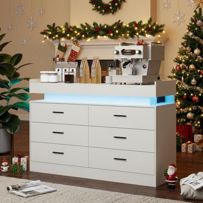 47" TV Stand Cabinet with Power Outlets & LED Lights, 6 Drawer Dresser TV Console, Entertainment Center, Coffee Bar Sideboard Buffet for Living Room, Bedroom, Entryway.