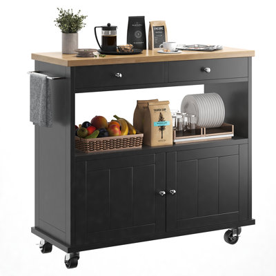 Rolling Kitchen Island With Storage Cabinet, 35.4'' Width Kitchen Cart,  2 Drawers Island Table, Portable Mobile Kitchen Island With Towel Rack, Wood Top And Lockable Casters, Black