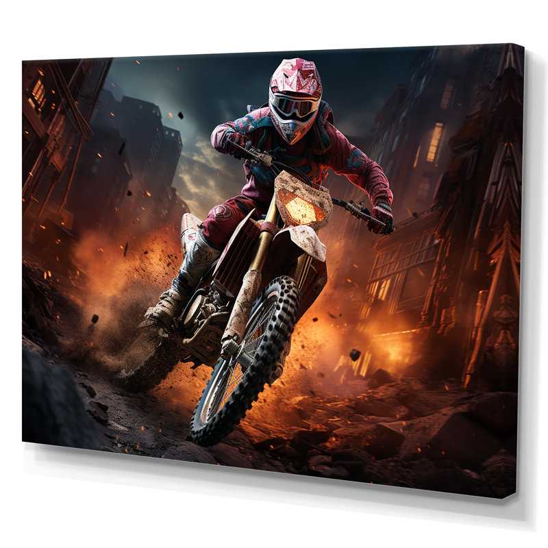 Motocyclette orange et noire - art sur toile, Toile tendue, H 34 po x l 44 po x P 1,5 po