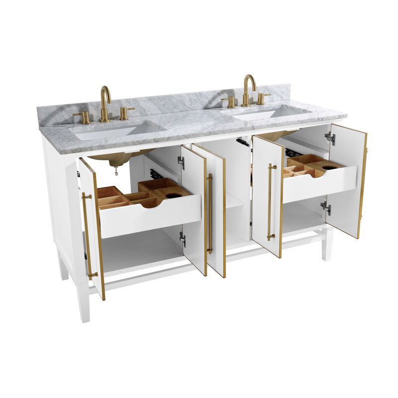 Ewen 60" Double Bathroom Vanity with Carrara Marble Top, Carrara White, White, Matte Gold