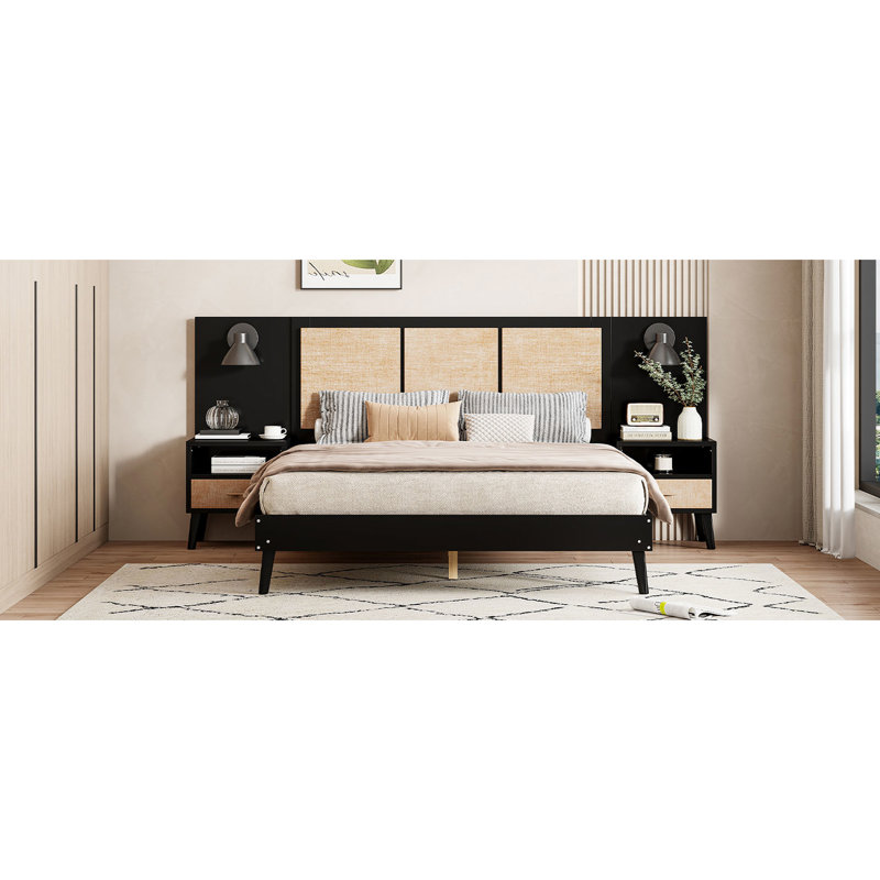 Cadre de lit grand lit en bois massif, noir, avec 2 tables de chevet élégantes et lampes, mélange pour un cadre de chambre à coucher noir luxueux. Bois