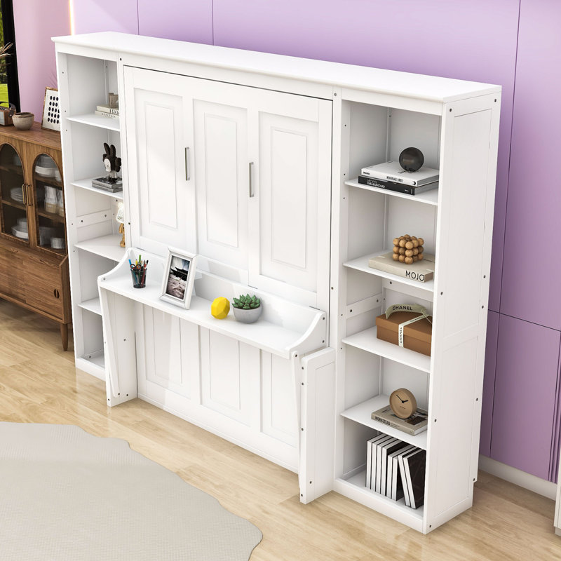 Lit escamotable en bois avec bureau intégré et bibliothèque, Double