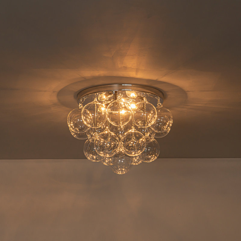Plafonnier encastré chromé 3 lumières 14 "avec 17 boules en verre | Verre tordu transparent | Base candélabre E12 | Lustre moderne à bulles