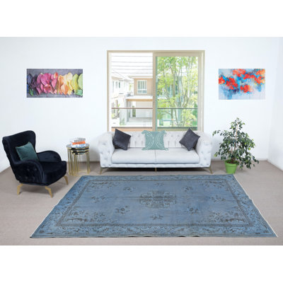 Tapis bleu en laine de style art déco 6,8 x 10,3 pi, tapis turc fait à la main