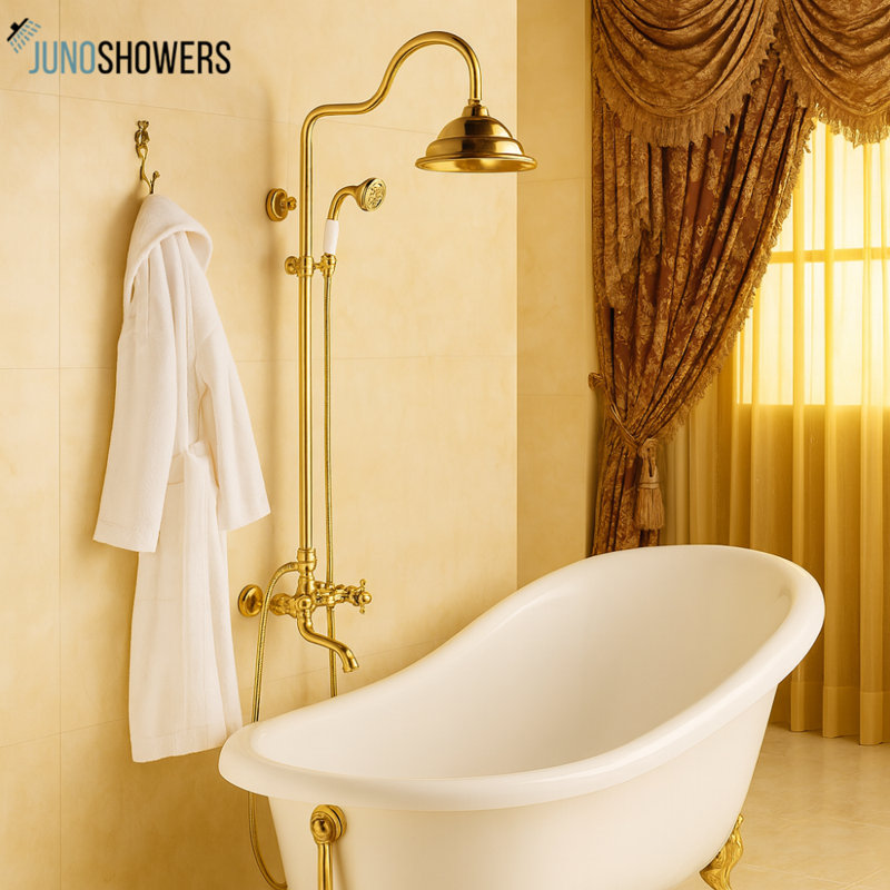 Juno Unique Bell Shaped Rainfall Gold Bathroom Shower-Head Set