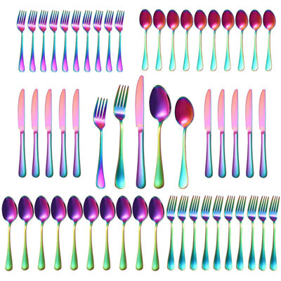 50-Piece Rainbow Stainless Steel Flatware Set For 10, Dishwasher Safe