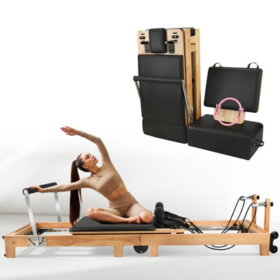 	 95’’ Foldable Oak Wood Pilates Reformer, Quick-Assembly Studio-Grade Pilates Equipment with Reformer Heights, Reformer Accessories for Gym, Home,Black