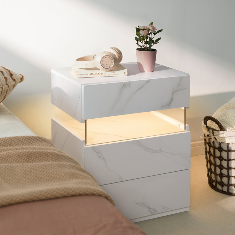 Modern LED Nightstand With 3 Drawers - Bedside Table With Soft Glow Lighting, White/Gray