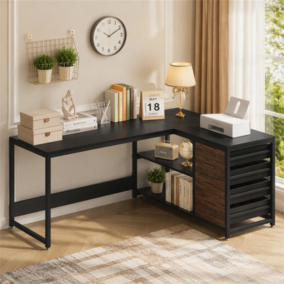 59" L-Shaped Desk, Reversible Corner Desk with Drawers & Shelves