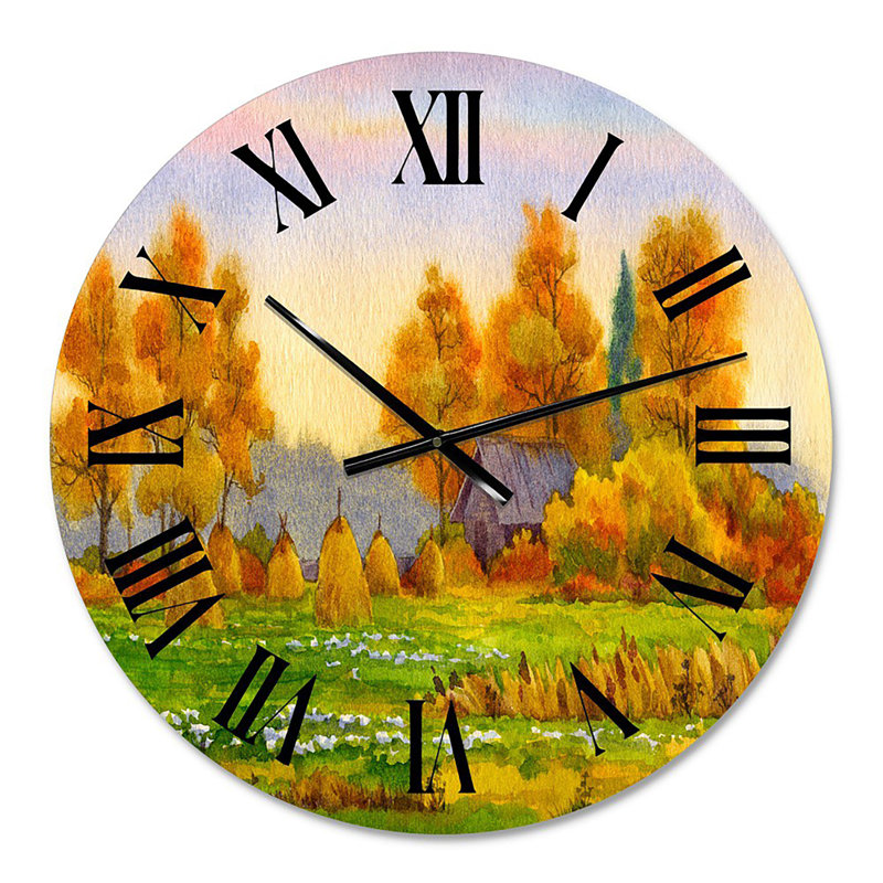 Horloge murale Haystacks On Orange Fields I - Lake House, Surdimensionné