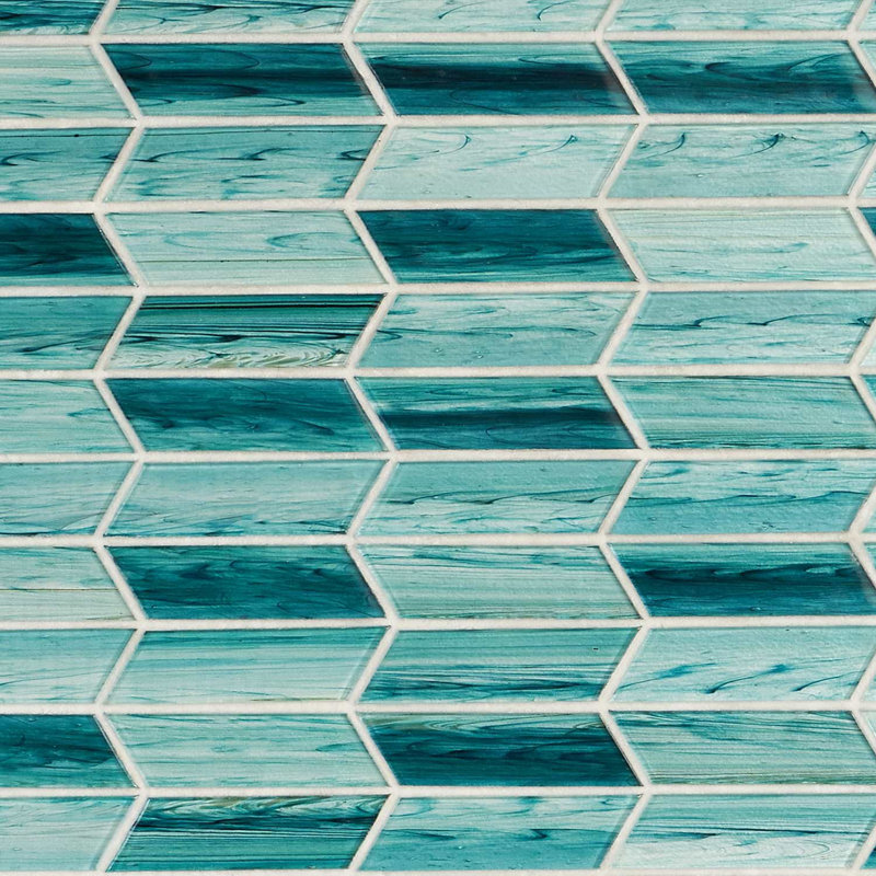 Maya 2x7 Chevron Polished Glass Mosaic Tile, Chevron Teal