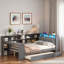 Lit plateforme en bois avec tablettes de rangement, lit gigogne, station de charge, bureau à DEL, bureau et tête de lit tapissier-2065795478