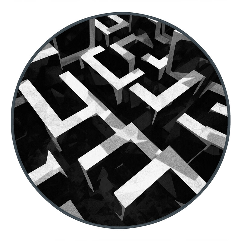 Machine Washable Paulett Modern & Contemporary Geometric Shapes Rug in Black – Black Binding, 5' Round