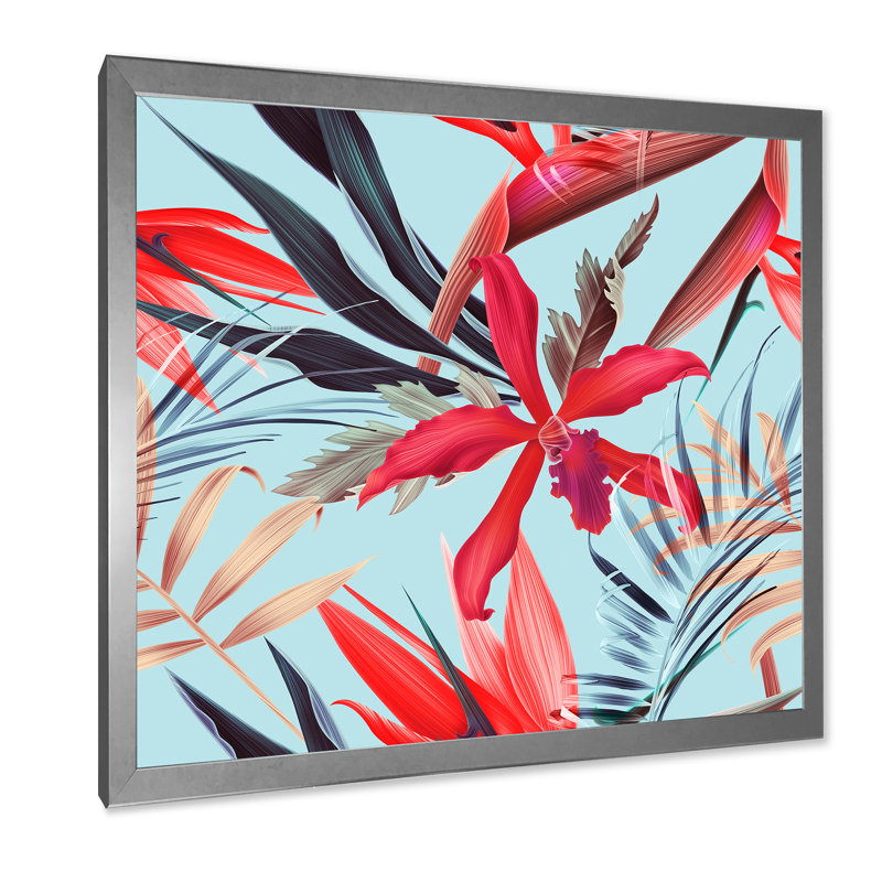 Fleurs tropicales rétro V - Impression sur toile, Cadre photo argenté, H 16 po x l 16 po x P 1 po