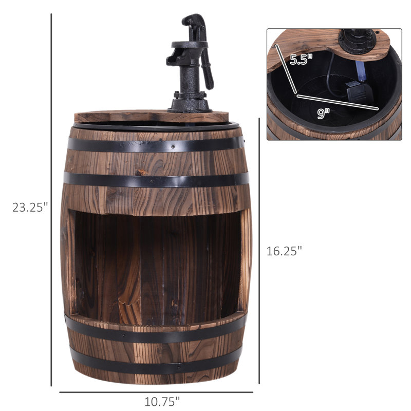 H Outdoor Water Fountain Wood and Metal Rustic Apple Barrel Pump Garden Decor