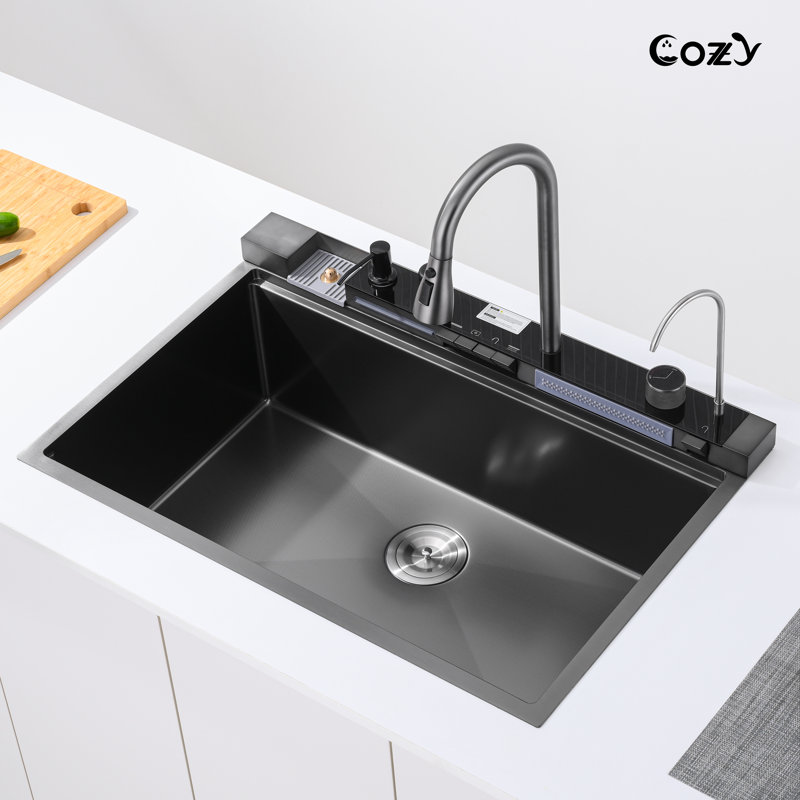 Évier de cuisine 33 po à cuve simple encastrée en acier inoxydable avec entrefer, Satin Black